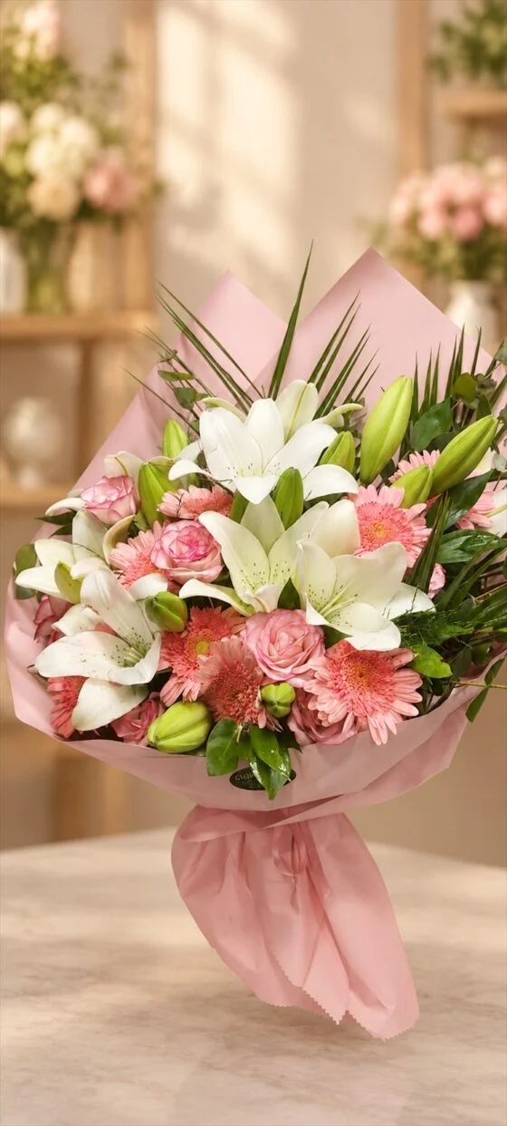Pembe Lilyum ve Gerbera Buketi