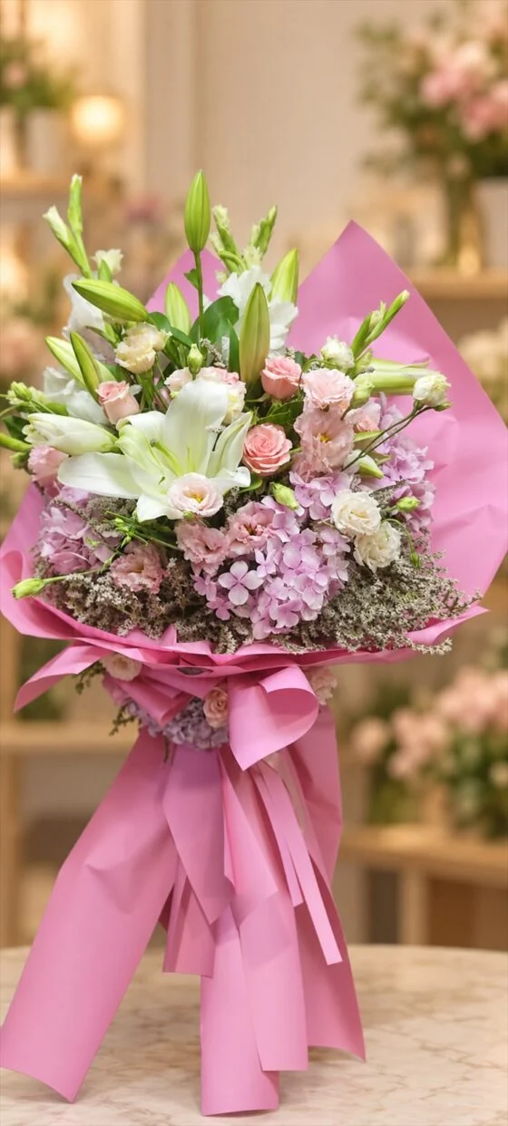 Pembe Lilyum Gerbera Buketi