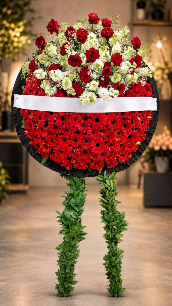 Kırmızı gerbera ve güllü cenaze çelengi